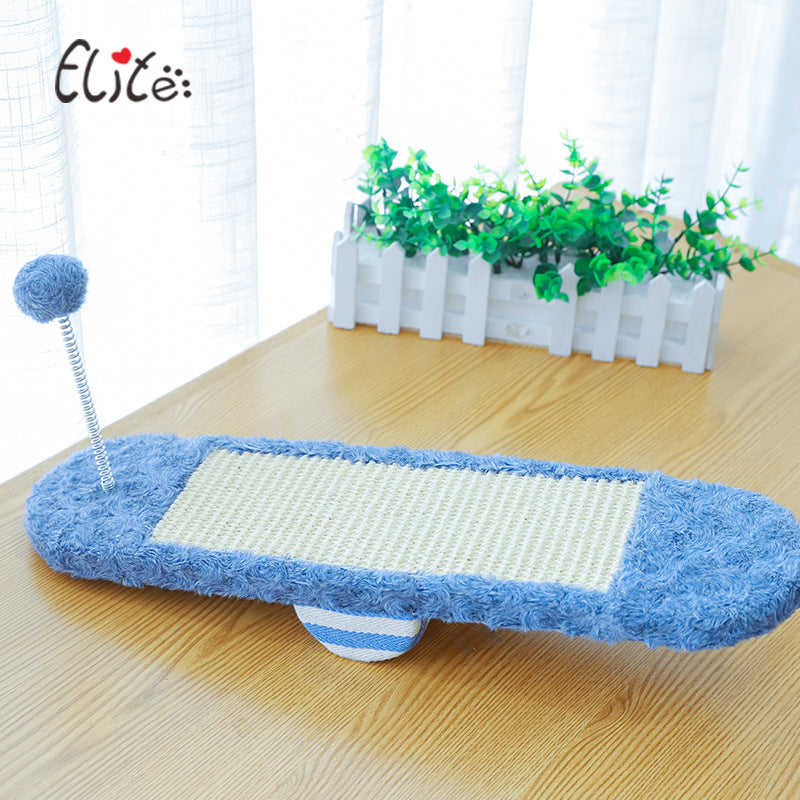 Elite cat scratcher with frame and pop-pom toy. One of these simple and essential toys for your cat. Blue option shown