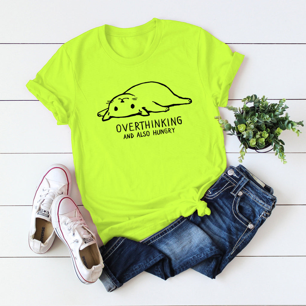 Cotton t-shirt with a fun cat lazy cat image: "Overthinking and also hungry" Fluoro yellow