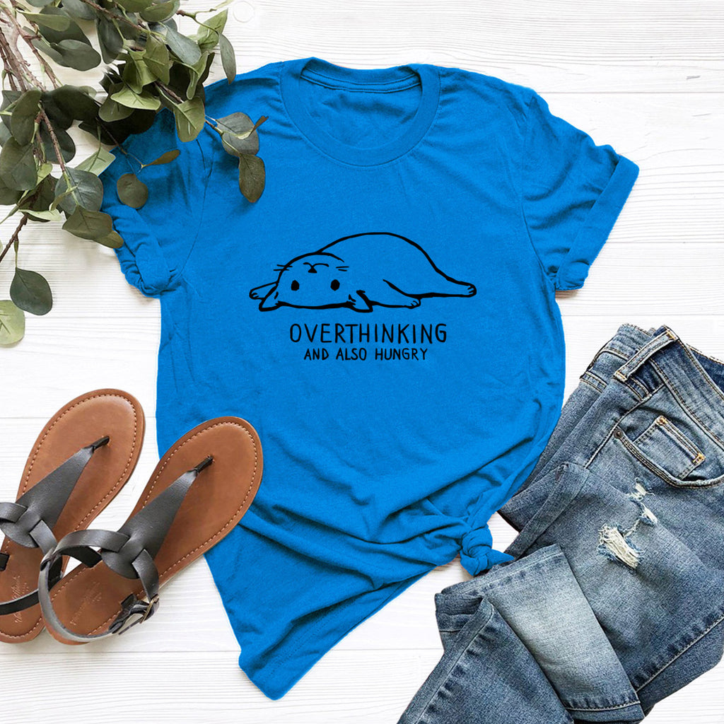 Cotton t-shirt with a fun cat lazy cat image: "Overthinking and also hungry" Blue