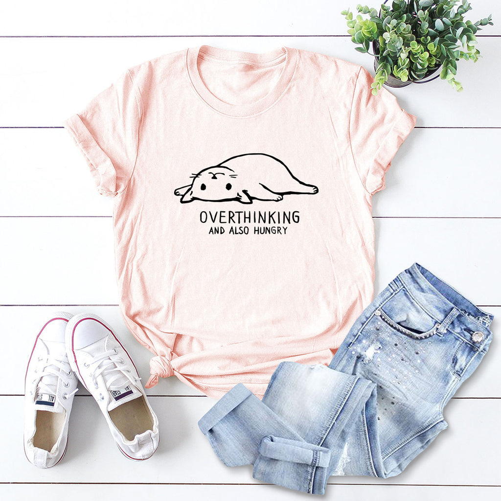 Cotton t-shirt with a fun cat lazy cat image: "Overthinking and also hungry"