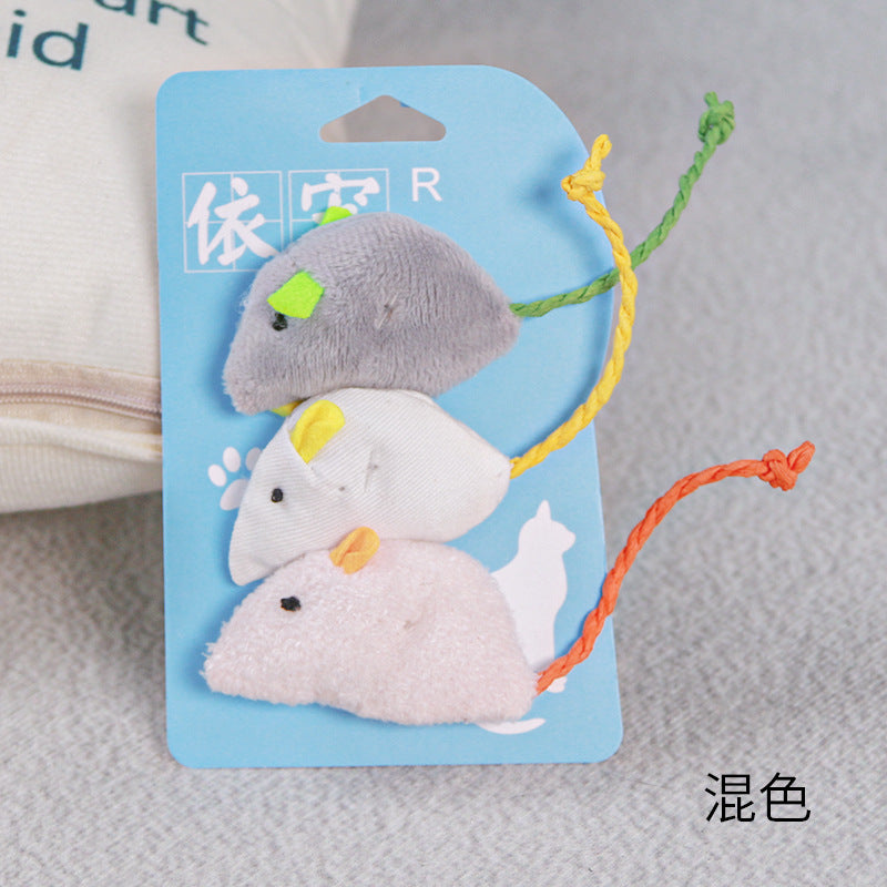 Simulation mouse trio of cat toys. Great value for money and cats love it!  Three mouse rice + blue, three mouse rice, three mouse three colors, three mouse coffee colors, three mice deep gray, three mice mixed, three mouse rice cof color, three - only mouse light gray. Gray and White mice on picture with colourful tails