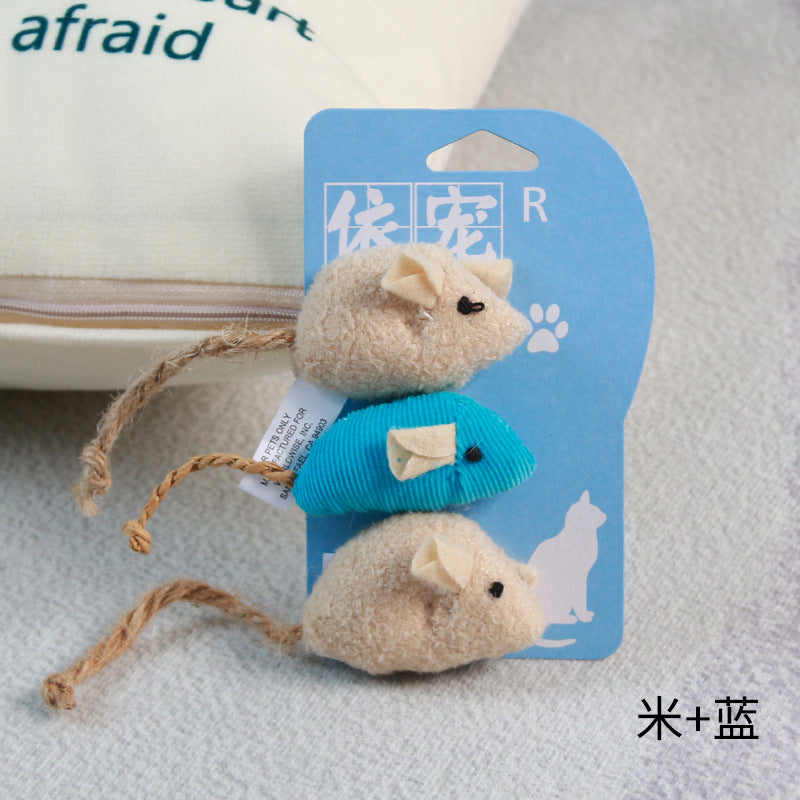 Simulation mouse trio of cat toys. Great value for money and cats love it!  Three mouse rice + blue, three mouse rice, three mouse three colors, three mouse coffee colors, three mice deep gray, three mice mixed, three mouse rice cof color, three - only mouse light gray.  Blue and beige