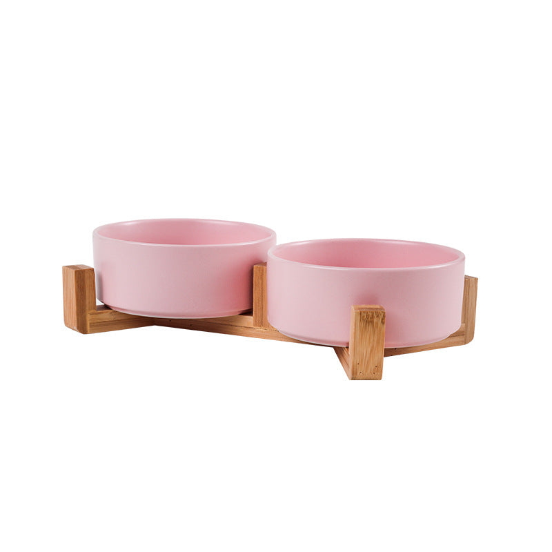 Elegant quality made pet bowls (cat or dog), single or double. Pet safe plasic. elegant wooden frame, easy to clean and to fill up. Does not cause whisker fatigue (not too narrow). Optional wooden frame to support. Dual bowl combination of Pink colour shown with the wooden frame