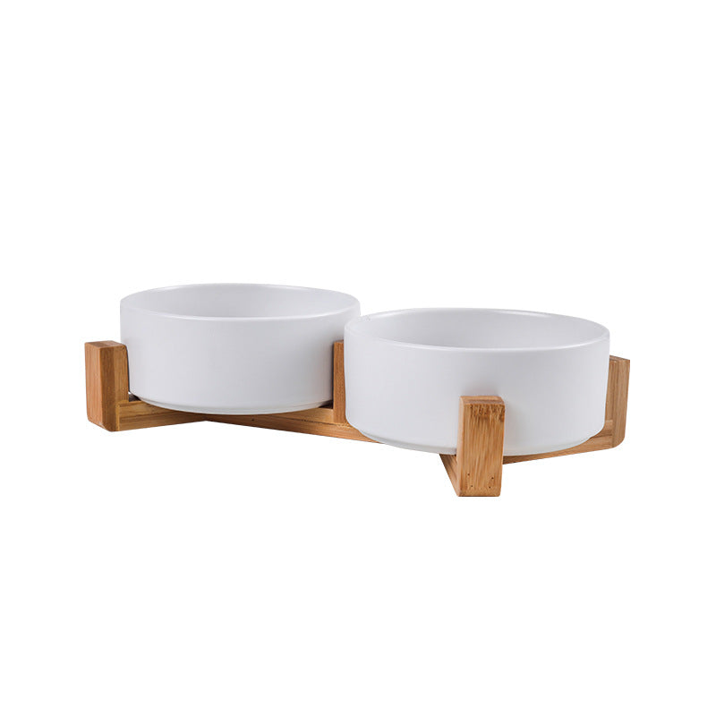 Elegant quality made pet bowls (cat or dog), single or double. Pet safe plasic. elegant wooden frame, easy to clean and to fill up. Does not cause whisker fatigue (not too narrow). Optional wooden frame to support. Dual bowl combination of White colour shown with the wooden frame