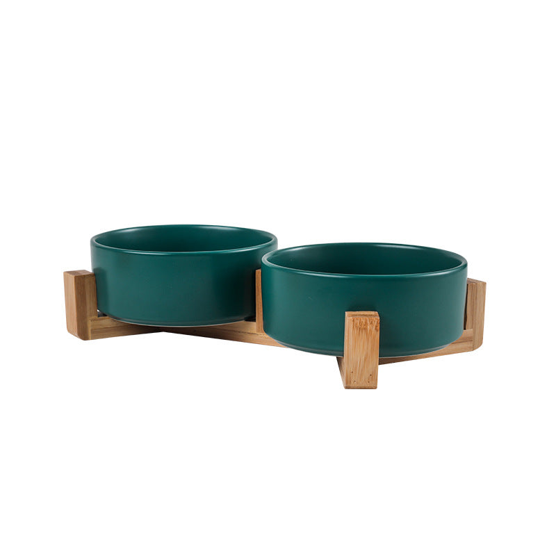 Elegant quality made pet bowls (cat or dog), single or double. Pet safe plasic. elegant wooden frame, easy to clean and to fill up. Does not cause whisker fatigue (not too narrow). Optional wooden frame to support. Dual bowl combination of dark green colour shown with the wooden frame