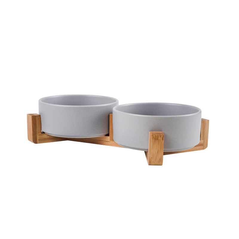 Elegant quality made pet bowls (cat or dog), single or double. Pet safe plasic. elegant wooden frame, easy to clean and to fill up. Does not cause whisker fatigue (not too narrow). Optional wooden frame to support. Dual bowl combination of Gray colour shown with the wooden frame