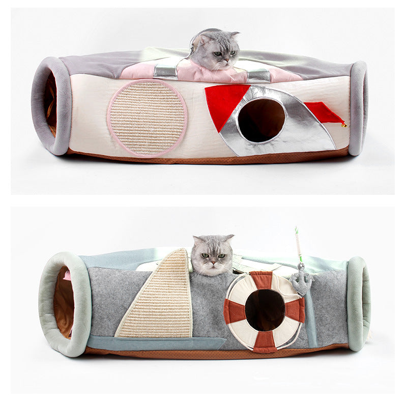 Cat tunnel - boat or rocket design. Cats just love their cat tunnels and hiding places, right? This one is with looks like a plane and cat appears to on patrol! Cat can also sleep there quite cumfortably. Its foldable undert the bed.