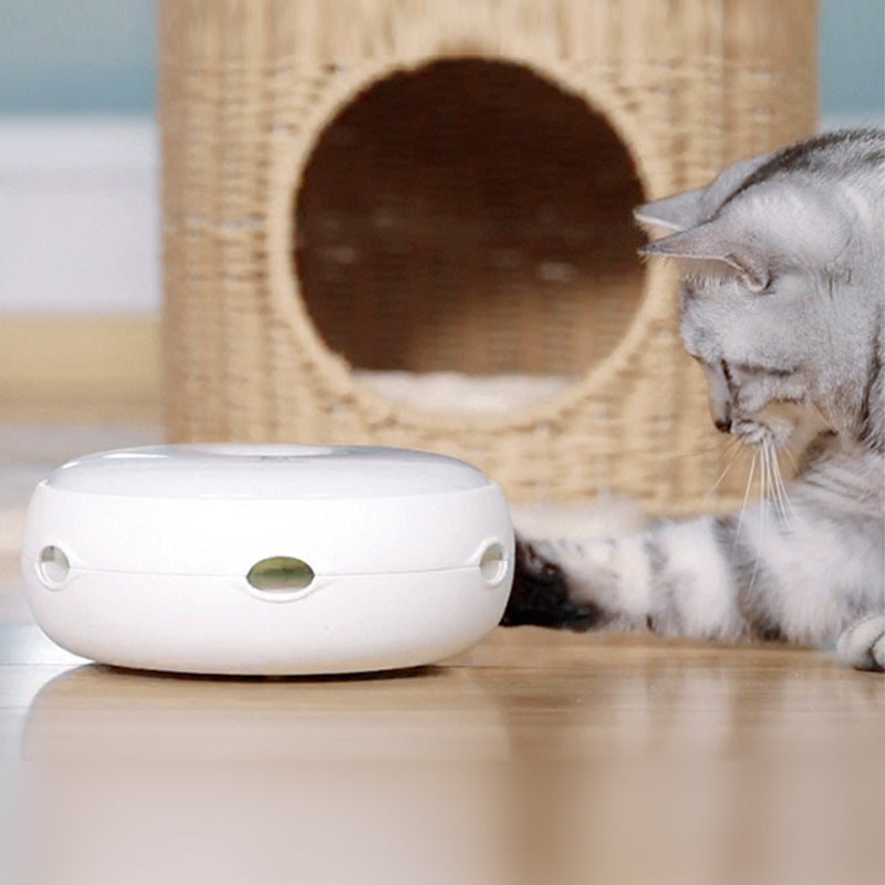 Electric and automatic catch-a-mouse toy for cats - you can watch your cat having fun with this toy. Spinning turntable with feather. Needs 4 AA batteries to operate. You can buy extra 3 feathers separately (see picture below). Gray cat is shown playing with this toy.