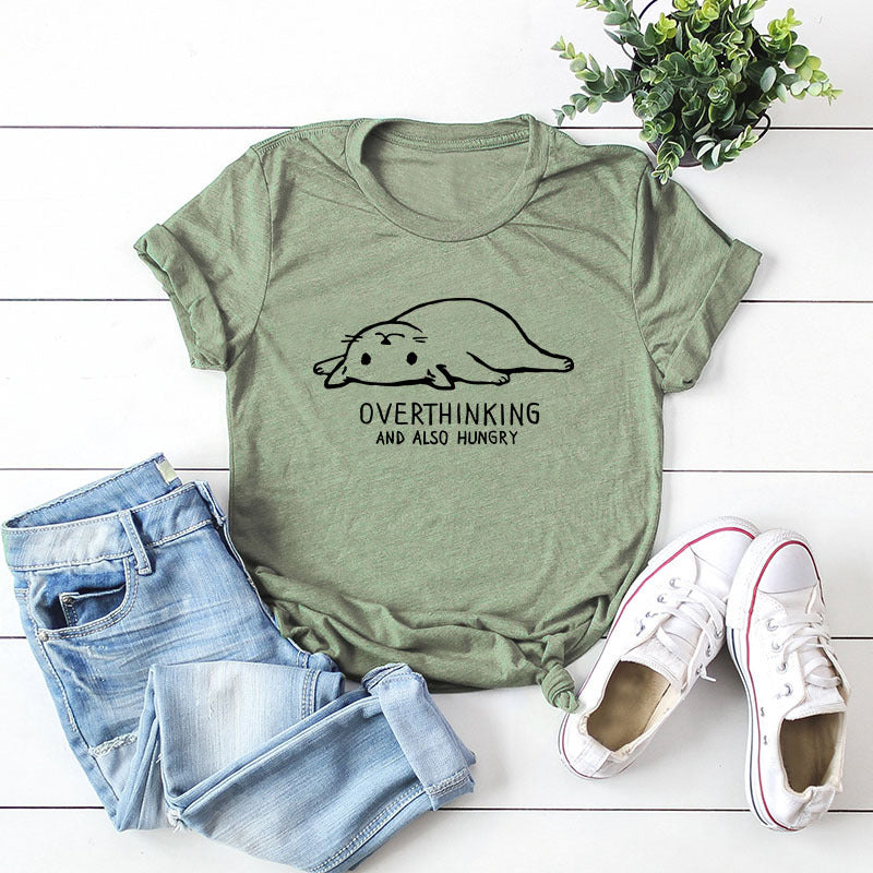 Cotton t-shirt with a fun cat lazy cat image: "Overthinking and also hungry" Green