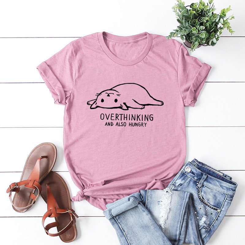 Cotton t-shirt with a fun cat lazy cat image: "Overthinking and also hungry" Pink