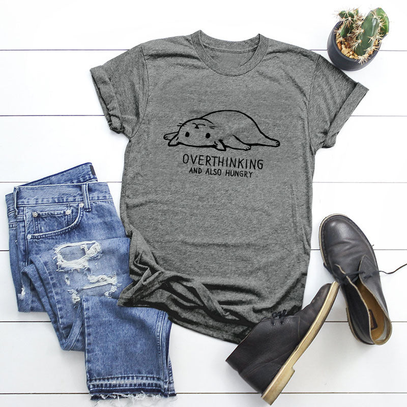 Cotton t-shirt with a fun cat lazy cat image: "Overthinking and also hungry" Gray - dark gray