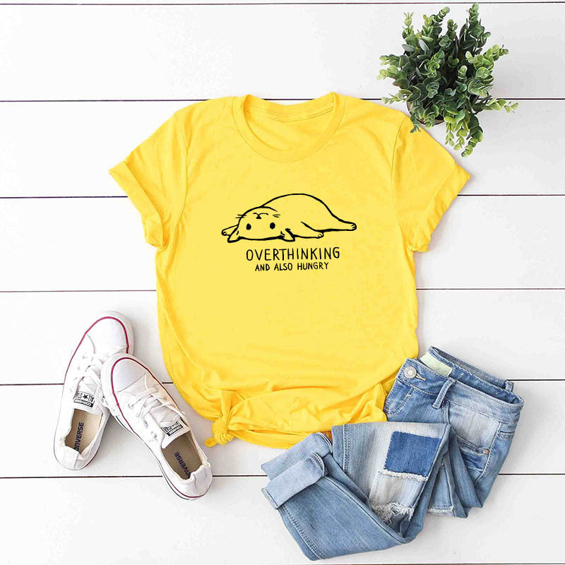 Cotton t-shirt with a fun cat lazy cat image: "Overthinking and also hungry" Yellow