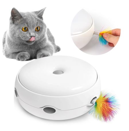 Electric and automatic catch-a-mouse toy for cats - you can watch your cat having fun with this toy. Spinning turntable with feather. Needs 4 AA batteries to operate. You can buy extra 3 feathers separately (see picture below). A cute gray cat is shown playing with this toy and licking his nose