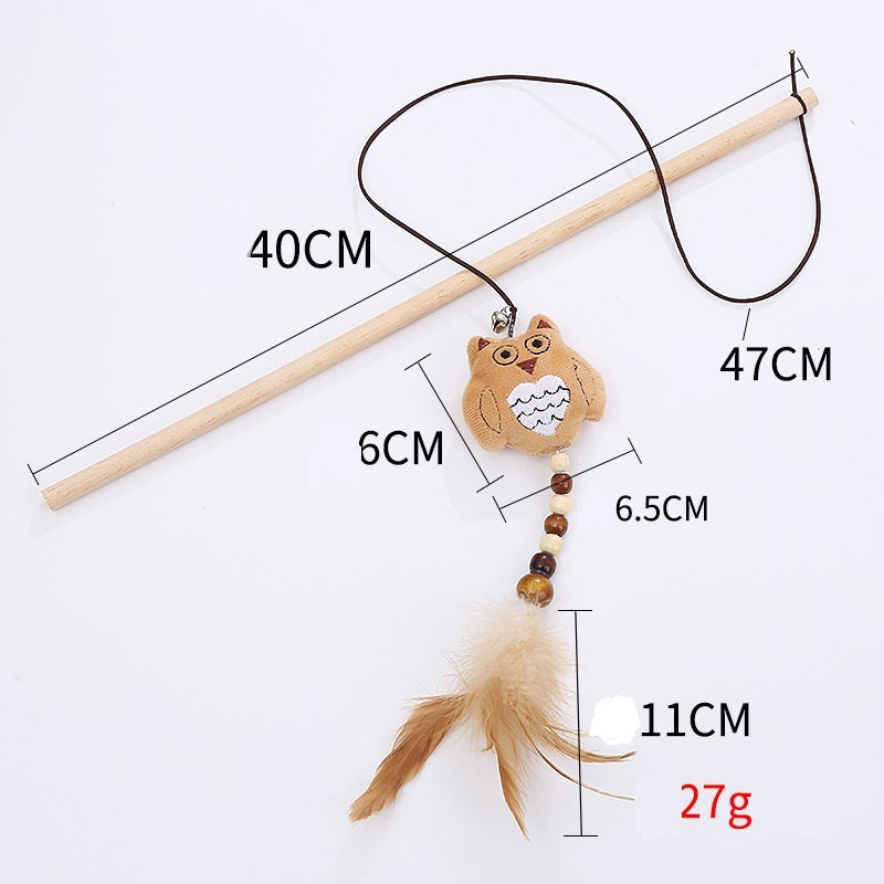 Feather + wooden pole + plush cat toy. Simple toy sometimes is just what cats need! Comes in 3 colours and types: mouse coffee color, mouse gray, owl coffee color, owl gray