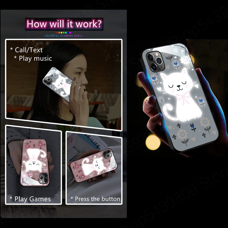 3D Cute Cat Shockproof Glass Phone Case For iPhone 11 12 Pro XR XS Max X 6 7 8 Plus, featuring cute cat on the back that lights up