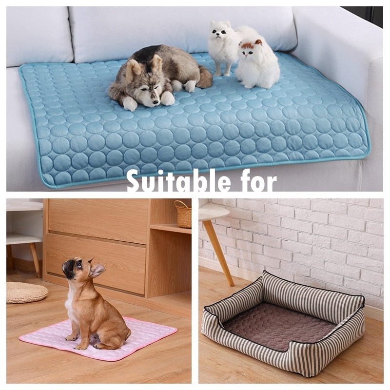 Cat or Dog Pets Cooling Mat - for hot summer days. A cat cooling mat can provide a number of benefits for cats on a hot day. Different pets can use these mats, dogs and cats. sizes shown, XS, S, M, L, XL