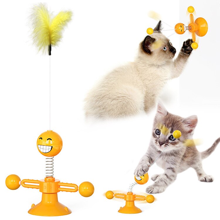 Interactive cat toy, rotating with feathers, crazy! Your cat won't think of anything else! Orange and yellow models shown