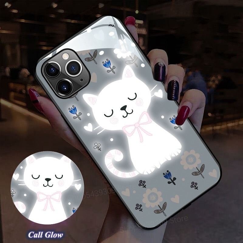 3D Cute Cat Shockproof Glass Phone Case For iPhone 11 12 Pro XR XS Max X 6 7 8 Plus, Cute cat that glows when you call