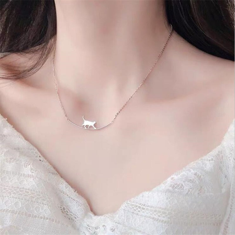 925 Sterling gorgeous necklace for cat lovers!   New Fashion Cat Curved 925 Sterling Silver Jewelry Cute Animal Walking Cat Clavicle with Chain. Fast delivery on this item.