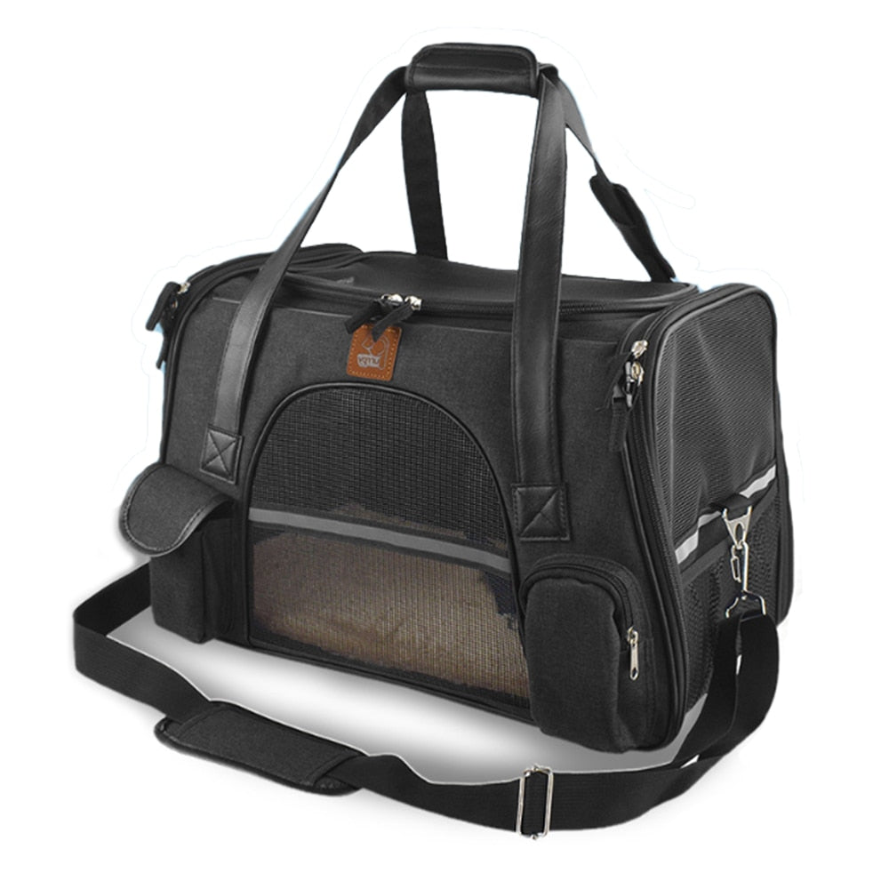 Convinient and comfortable carrier for your small pet. Its designed for travel and approved as hand luggage for some airlines. Easily fits over the suitcase handle.  This cosy carrier makes it easy for pet to get in and out, featuring breathable mesh to let fresh air in.  Left-side window allows opening for your pet to get in or out. Black model is shown here