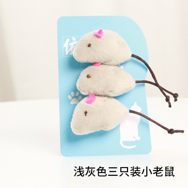 Simulation mouse trio of cat toys. Great value for money and cats love it!  Three mouse rice + blue, three mouse rice, three mouse three colors, three mouse coffee colors, three mice deep gray, three mice mixed, three mouse rice cof color, three - only mouse light gray.  White mice on picture