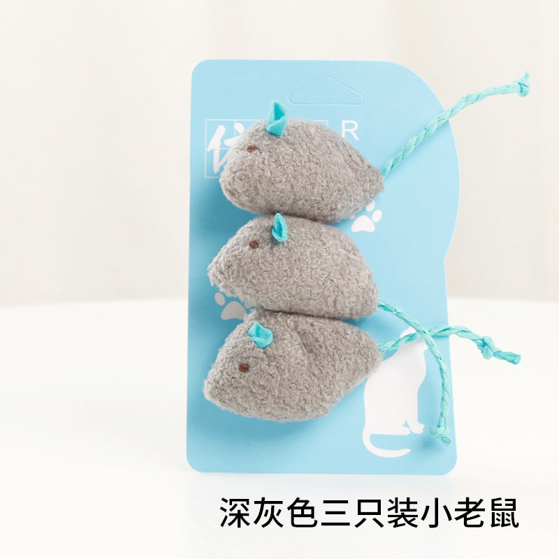 Simulation mouse trio of cat toys. Great value for money and cats love it!  Three mouse rice + blue, three mouse rice, three mouse three colors, three mouse coffee colors, three mice deep gray, three mice mixed, three mouse rice cof color, three - only mouse light gray.  Gray mice on picture