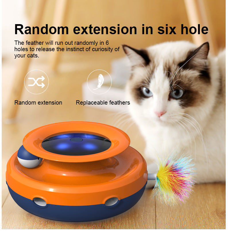 Featuring this safe and sturdy 2-in-1 toy with an "ambush feather" and a ball-in-a-track. The ball has a bell taht will stimulate the senses of your cat.  This automatic cat toy is guaranteed to keep your cat entertained.  Anti-slide base will keep it steady while the cat plays with it. It runs on A4 batteris and it features sturdy and sleek design, guaranteed to keep your cat entertained, engaged and well-exercised! Orange and green option shown with a cat playing with this toy and enjoying himself