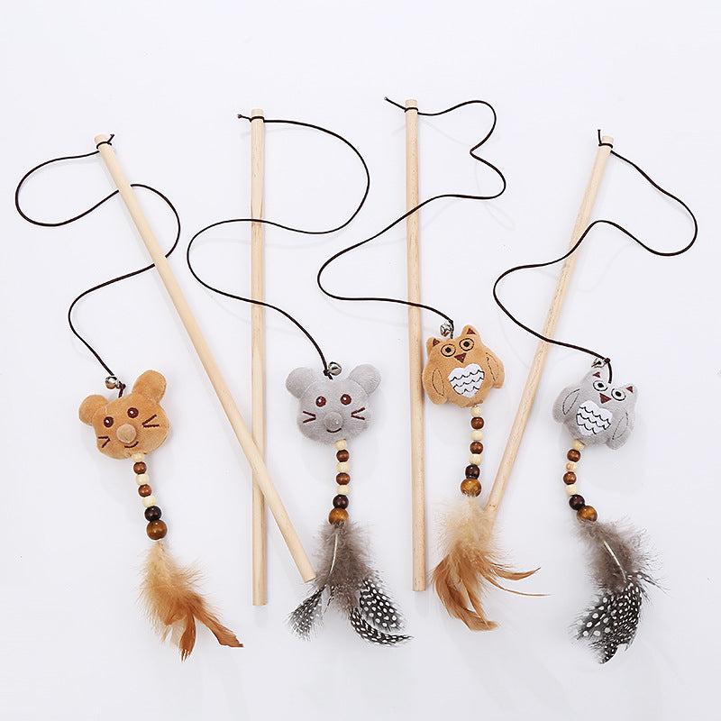 Feather + wooden pole + plush cat toy. Simple toy sometimes is just what cats need! Comes in 3 colours and types: mouse coffee color, mouse gray, owl coffee color, owl gray