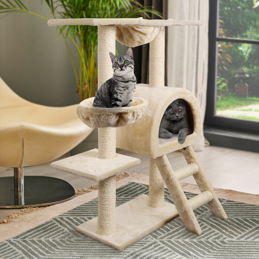 Cat Tree Trees scratching post tower house beige 100 cm free shippingi.Pet Cat Tree Trees Scratching Post, Scratcher Condo, Tower House and Bed Beige, 100cm Two cats sitting in the house and loving it