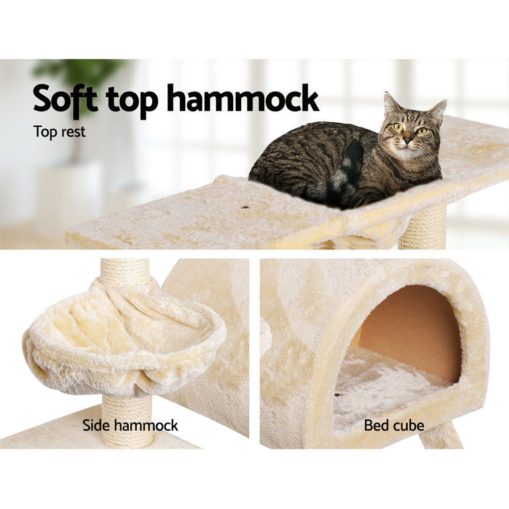 i.Pet Cat Tree Trees Scratching Post, Scratcher Condo, Tower House and Bed Beige, 100cm Soft washable fabric. Soft top hammock and side hammock