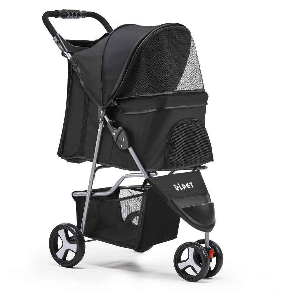 i.Pet 3 Wheel Pet Stroller - Black - Free Shipping to AU metro  Need to take your small pet out for a walk with minimum hassle? You can, with the i.Pet Pet Stroller. It is sturdy, well-made, comfortable and comes with a host of pet-friendly features. Such as multiple mesh screens with zippers for easy access and breathability, a bottler holder for refreshment, spacious storage, durable fabric, and omni-directional front wheels and brake-fitted rear wheels for easy handling.