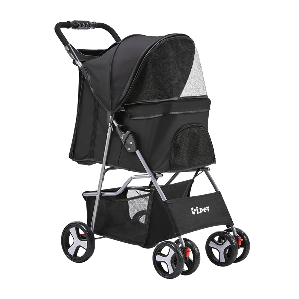 i.Pet 4 Wheel Pet Stroller - Black - Free Shipping in AU metro!  Need to take your small pet out for a walk with minimum hassle? You can, with the i.Pet Pet Stroller. It is sturdy, well-made, comfortable and comes with a host of pet-friendly features. Such as multiple mesh screens with zippers for easy access and breathability, a bottler holder for refreshment, spacious storage, durable fabric, and omni-directional front wheels and brake-fitted rear wheels for easy handling. 