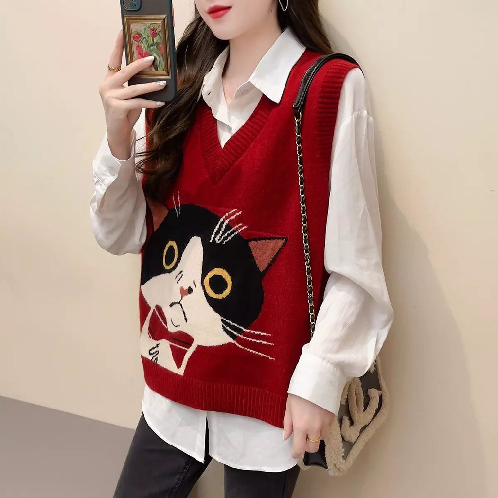 Fashion cat print knitted oversized vest with a cartoon black and white large kitty print. A perfect gift for a cat lover! One size, very loose fit, red colour.