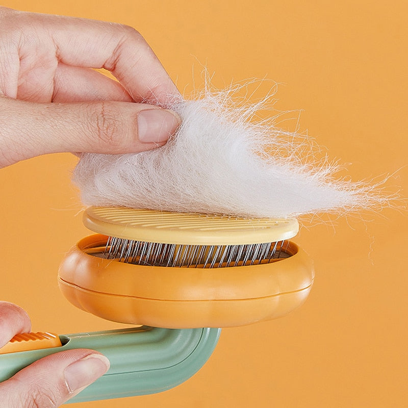 Cat comb removes loose underlayers and tangled hair. Cats love the slow massaging motion of this brush. Bristles have a safety feature, so they will not hurt sensitive skin of your kitty. Cute pumpkin design.  Button press releases fluff and fur for ease of cleaning, sturdy handle.  Ergonomic handle - easy to hold and to brush your pet.