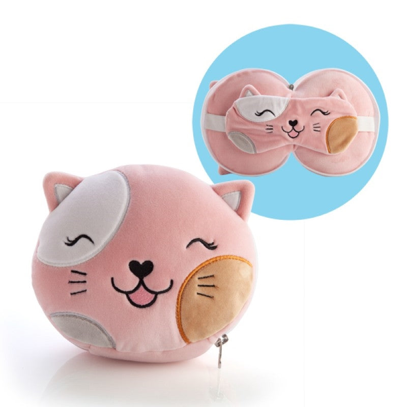 Cute plush cat that transforms into the ultimate travel accessory! Unzip to turn into a neck pillow with matching eye mask Soft velour fabric and cloud-like plush filling add comfort and sweet dreams to any trip Unique, compact and adorable