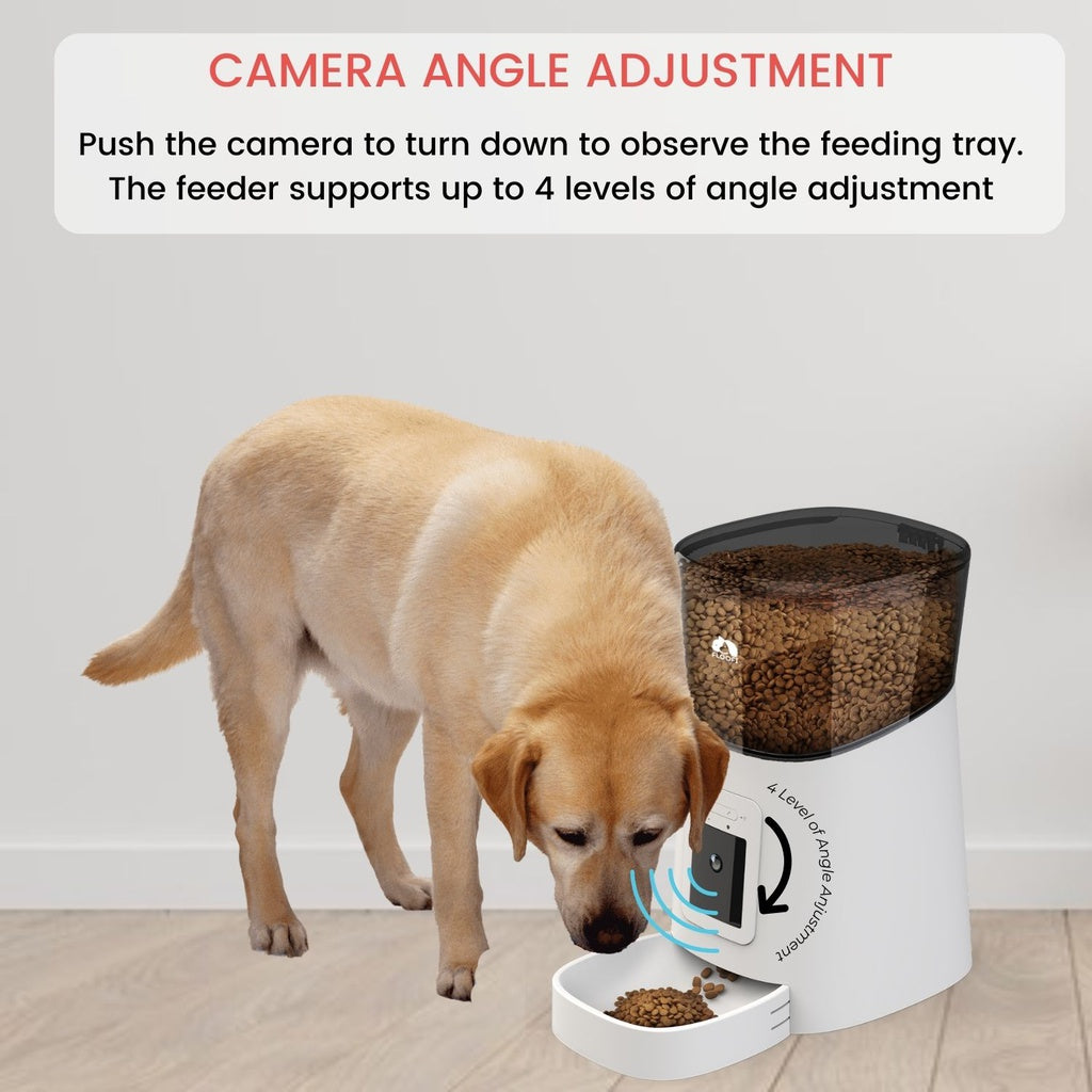 Floofi Smart Pet Food Feeder with Camera - White  OVERVIEW  The ideal appliance for feed your pets. This new design offers the alternative of manual programming only, a version with WIFI connection and access from the exclusive APP to carry out its programming, as a Smart version where it also has a 1080p camera, to enjoy even more connectivity with your pet.