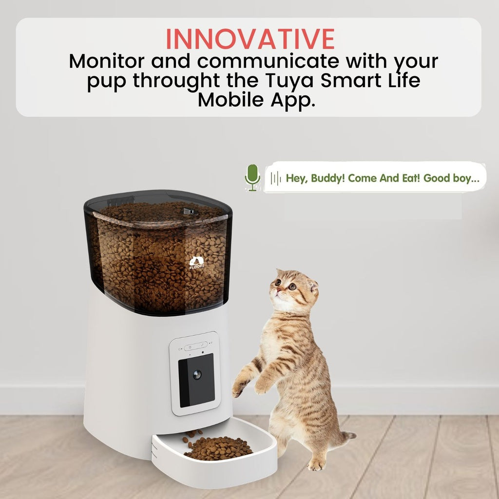 Floofi Smart Pet Food Feeder with Camera - White  OVERVIEW  The ideal appliance for feed your pets. This new design offers the alternative of manual programming only, a version with WIFI connection and access from the exclusive APP to carry out its programming, as a Smart version where it also has a 1080p camera, to enjoy even more connectivity with your pet. - Innovative monitoring