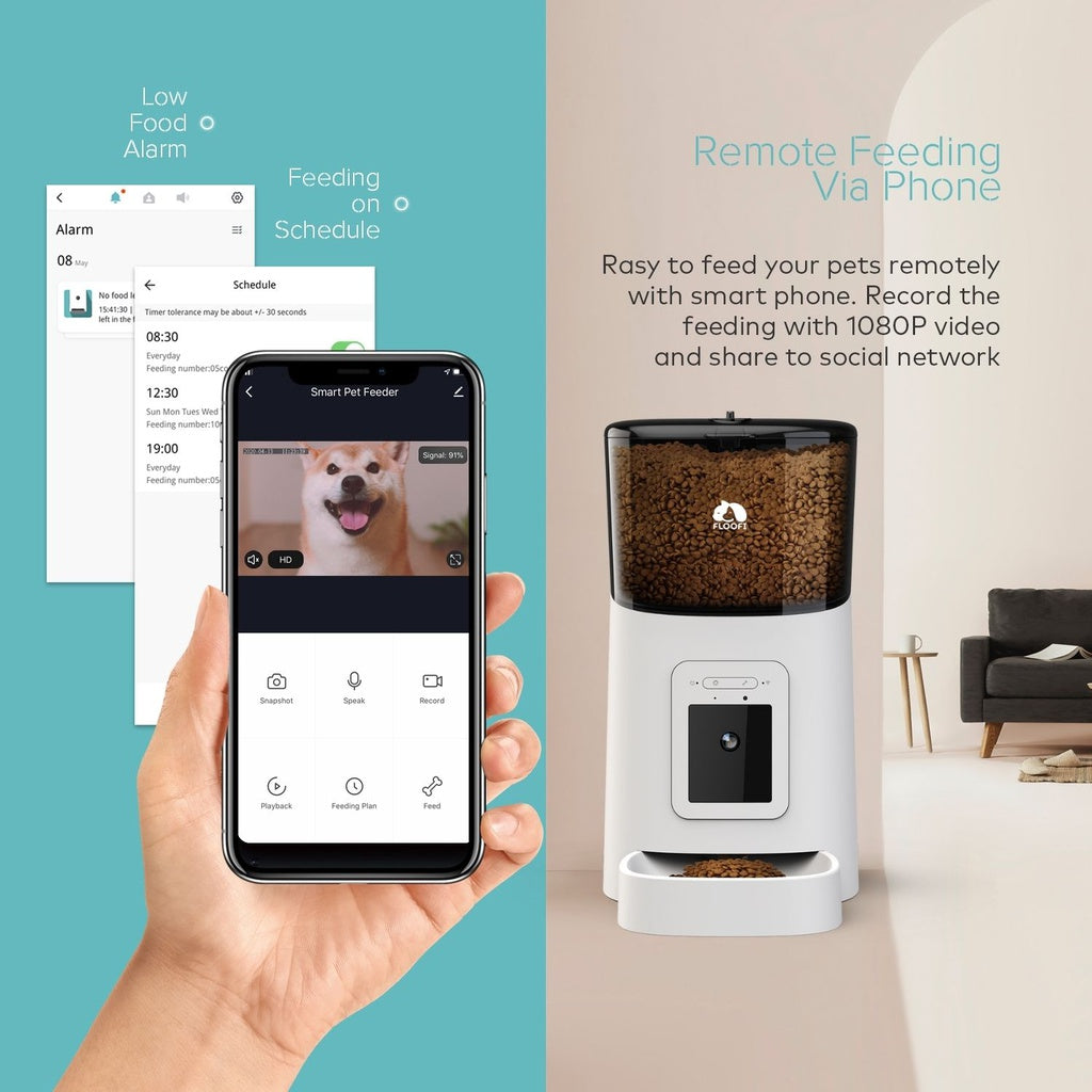Floofi Smart Pet Food Feeder with Camera - White  OVERVIEW  The ideal appliance for feed your pets. This new design offers the alternative of manual programming only, a version with WIFI connection and access from the exclusive APP to carry out its programming, as a Smart version where it also has a 1080p camera, to enjoy even more connectivity with your pet - remote feeding via smartPhone