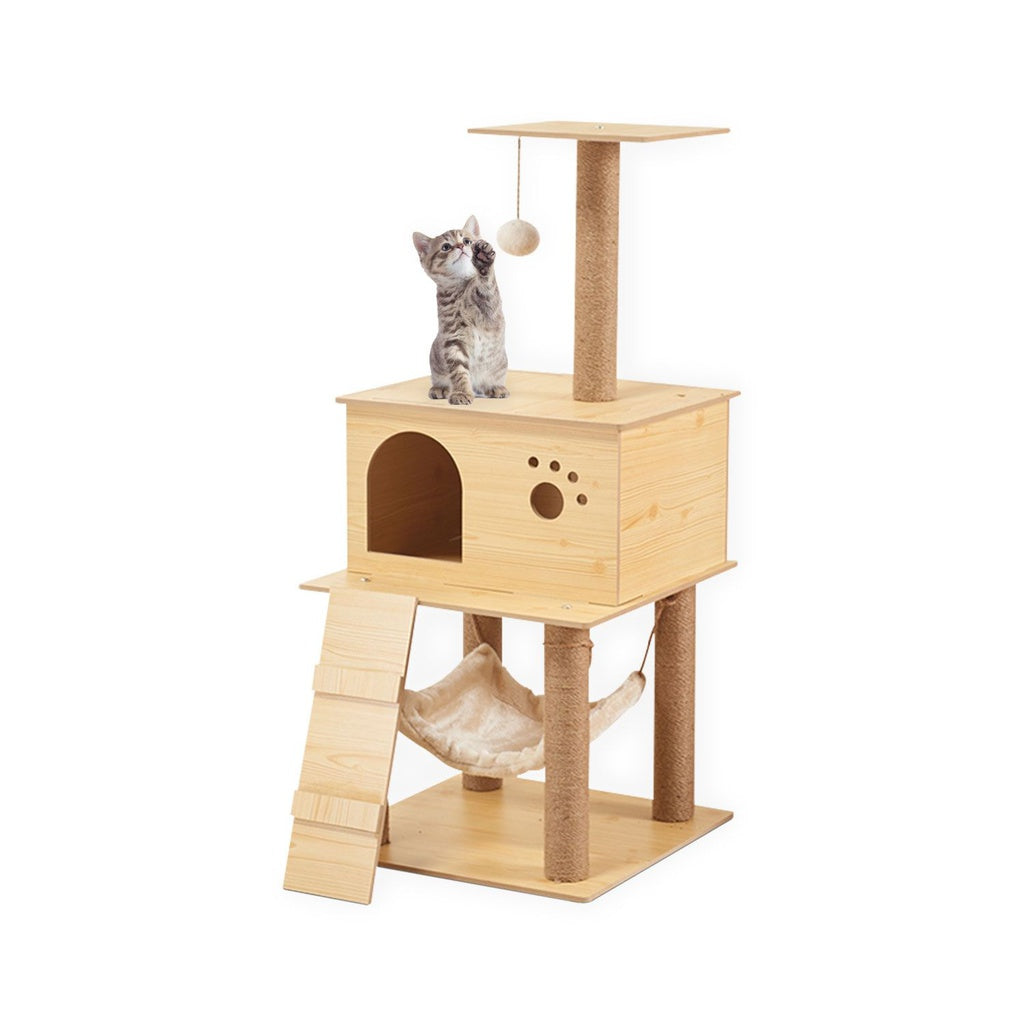 Floofi 130cm Wooden Cat Tree  FEATURES Sturdy and Safe: Stability is always the priority, thanks to the 6.5cm diameter posts and anti-toppling design, this innovative and professional cat tower provides the cat activities with enough stability (best placed against a wall), will be a great