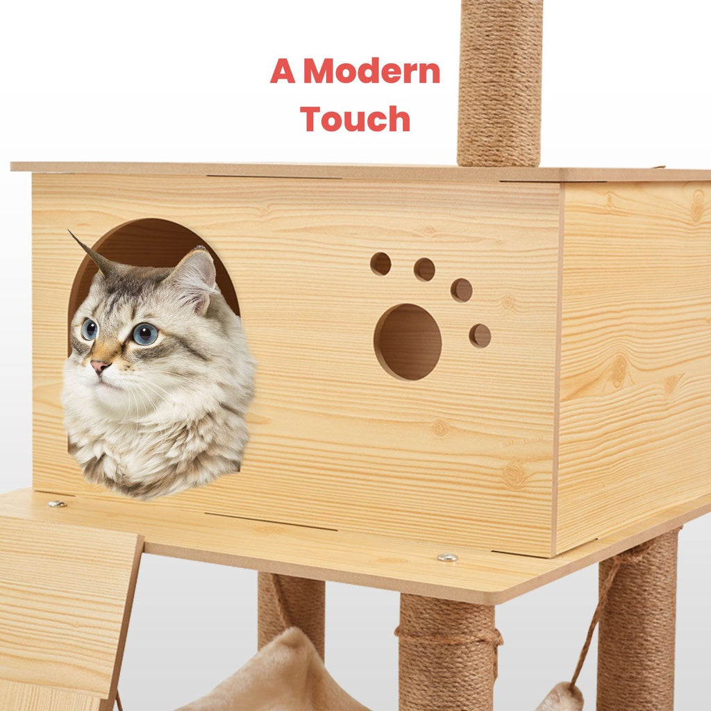 Floofi 130cm Wooden Cat Tree  FEATURES Sturdy and Safe: Stability is always the priority, thanks to the 6.5cm diameter posts and anti-toppling design, this innovative and professional cat tower provides the cat activities with enough stability (best placed against a wall), will be a great - with a modern touch