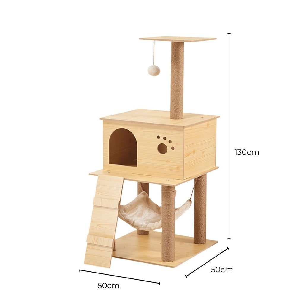 Floofi 130cm Wooden Cat Tree  FEATURES Sturdy and Safe: Stability is always the priority, thanks to the 6.5cm diameter posts and anti-toppling design, this innovative and professional cat tower provides the cat activities with enough stability (best placed against a wall), will be a great. Sizes = 50 x 50 x 130 cm