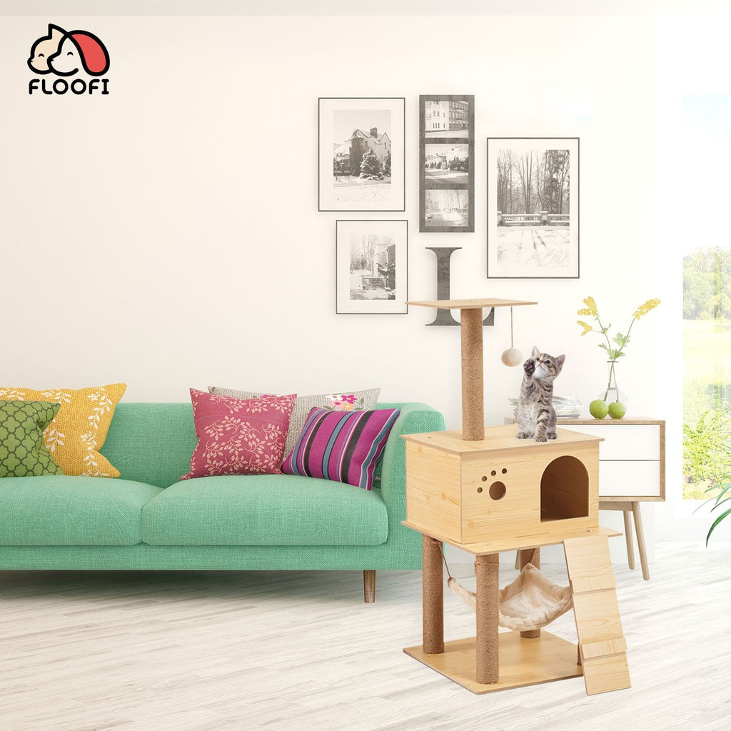 Floofi 130cm Wooden Cat Tree  FEATURES Sturdy and Safe: Stability is always the priority, thanks to the 6.5cm diameter posts and anti-toppling design, this innovative and professional cat tower provides the cat activities with enough stability (best placed against a wall), will be a great. Floofi brand