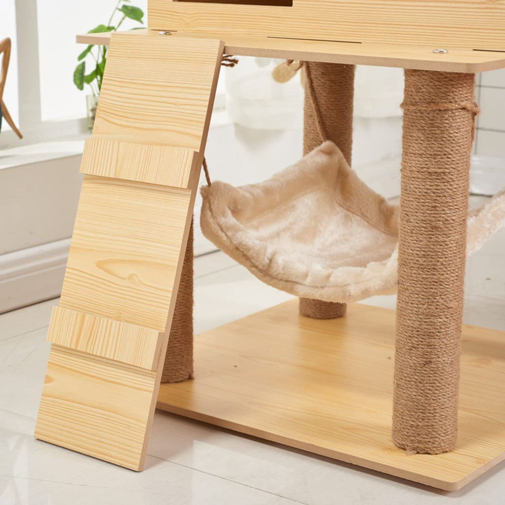 Floofi 130cm Wooden Cat Tree  FEATURES Sturdy and Safe: Stability is always the priority, thanks to the 6.5cm diameter posts and anti-toppling design, this innovative and professional cat tower provides the cat activities with enough stability (best placed against a wall), will be a great - contains bed basket for cat sleep