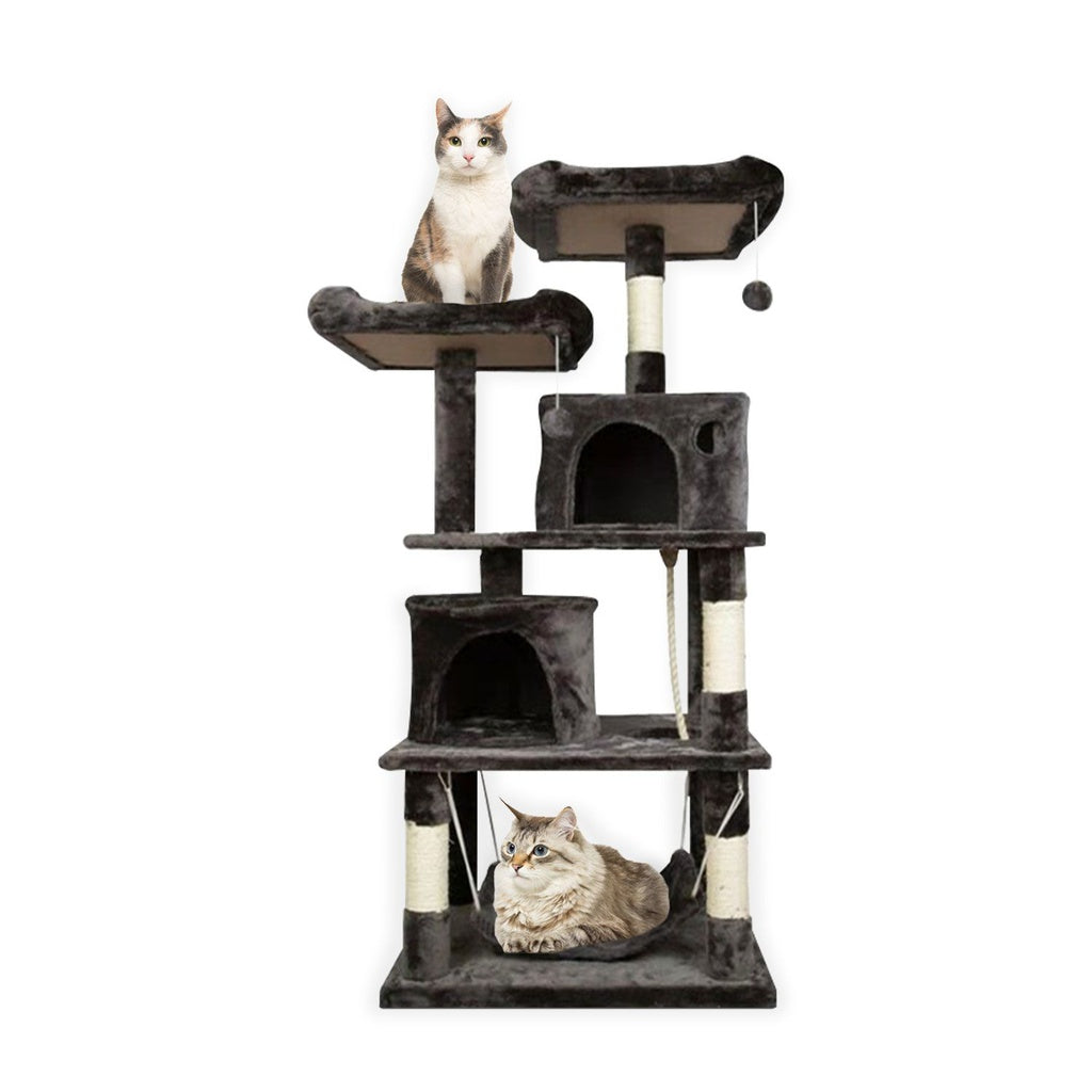 Floofi 145cm Plush Cat Condo Cat Tree Dark Grey FI-CT-156-BJ  FEATURES Spacious and Versatile Fun Center: 145cm Height (allow your kitty overlook the world on top perch), luxury deep hammock ,interactive hanging ball Designed to Fulfill Your Cat's Nature: This indoor cat treehouse is a go-to spot for your cat to play, exercise, and relax. Multiple scratching posts reinforced with natural rope will satisfy your cat’s instinct of scratching. 