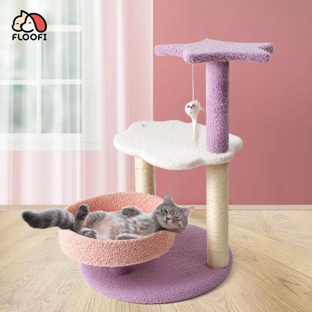 Floofi 61cm Galaxy Plush Scratching Post Cat Tree Pink Purple FI-CT-142-MM FEATURES: No Extra Tools Required: Assembly tools are all included. With instruction manual- no worry about installation Designed to Fulfill Your Cat's Nature: Multiple scratching posts is covered with natural sisal, perfect for your cats to scratch, no scratching your furniture anymore!  White cat is laying in it and loving it