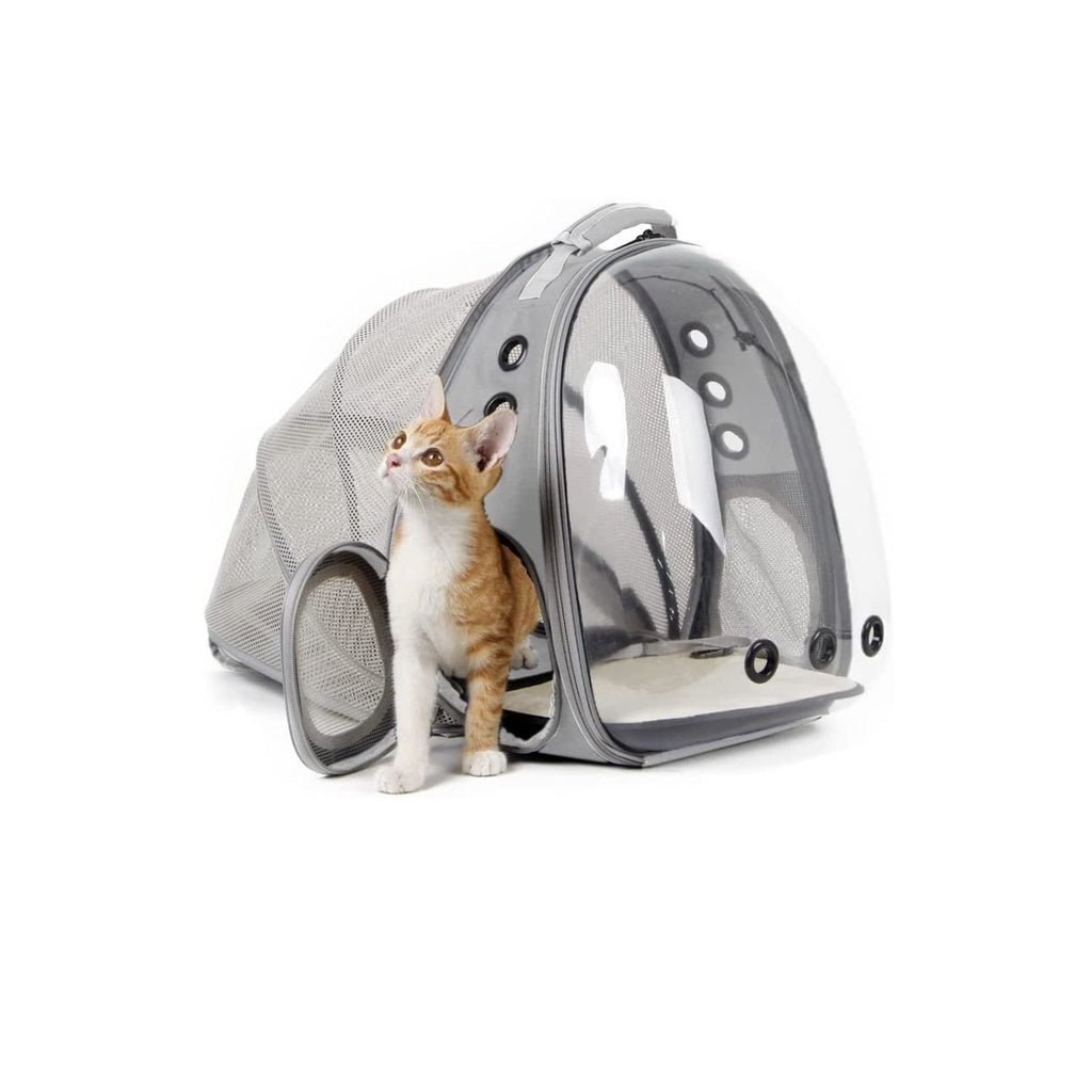 Floofi Expandable Space Capsule Backpack - Model 1 (Grey) Space Capsule Design makes your pet feel safer Hands-free and makes it easier to take care of your pet during hiking, travel, cycling and walking etc, whether you wear it on the front or the back Waterproof Suitable for small cats under 6.5kg and dogs under 5kg Transparent Cover, pets will not feel uncomfortable because of the dark space