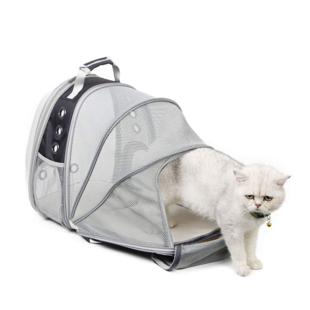 Floofi Expandable Space Capsule Backpack - Model 1 (Black). White cat gracefully exits this pack