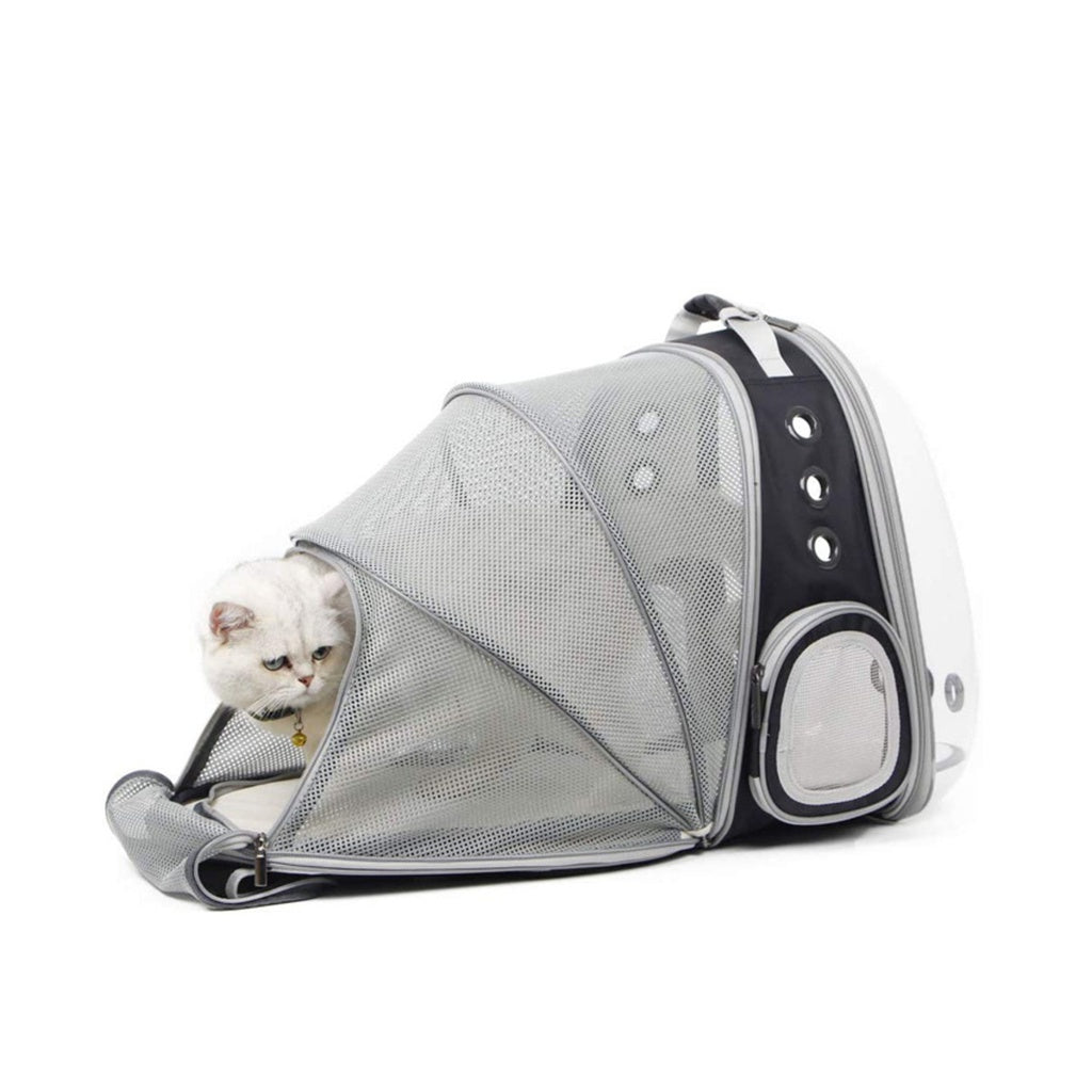 Floofi Expandable Space Capsule Backpack - Model 1 (Black). White cat sits in the pack with lid unzipped