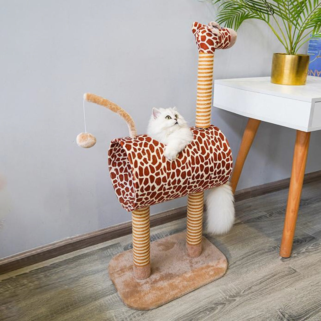 Giraffe Cat Tree Giraffe  - Scratching Post Cat Tree Pet Scratcher Tower Condo Furniture Bed House  OVERVIEW  This unique Giraffe styled cat home is perfect for your little furry friend. Not only does it look nice and decorative, but it is soft and cozy all over, your kitten will love you for it! The legs and neck are all made from 'Rattan Mat' which cats love for scratching (saving your furniture).  Suits any room and decore as shown