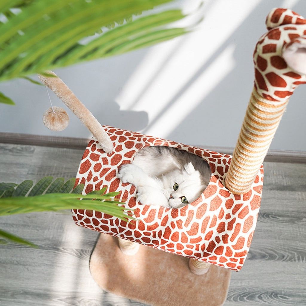 Giraffe Cat Tree Giraffe  - Scratching Post Cat Tree Pet Scratcher Tower Condo Furniture Bed House  OVERVIEW  This unique Giraffe styled cat home is perfect for your little furry friend. Not only does it look nice and decorative, but it is soft and cozy all over, your kitten will love you for it! The legs and neck are all made from 'Rattan Mat' which cats love for scratching (saving your furniture). 